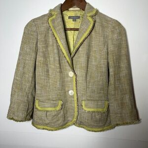 Ann Taylor Tan & Lime Green Tweed Frayed-Trim Blazer Jacket